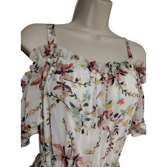 As U Wish Womens Romper Dress Large White Floral Print Cold Shoulder Hi-Low Maxi - Picture 5 of 9